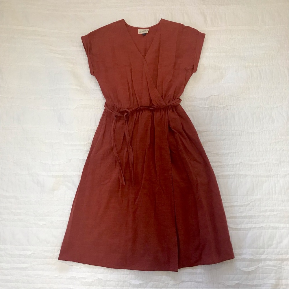 Burnt Orange Linen Wrap Midi Dress Size Small
